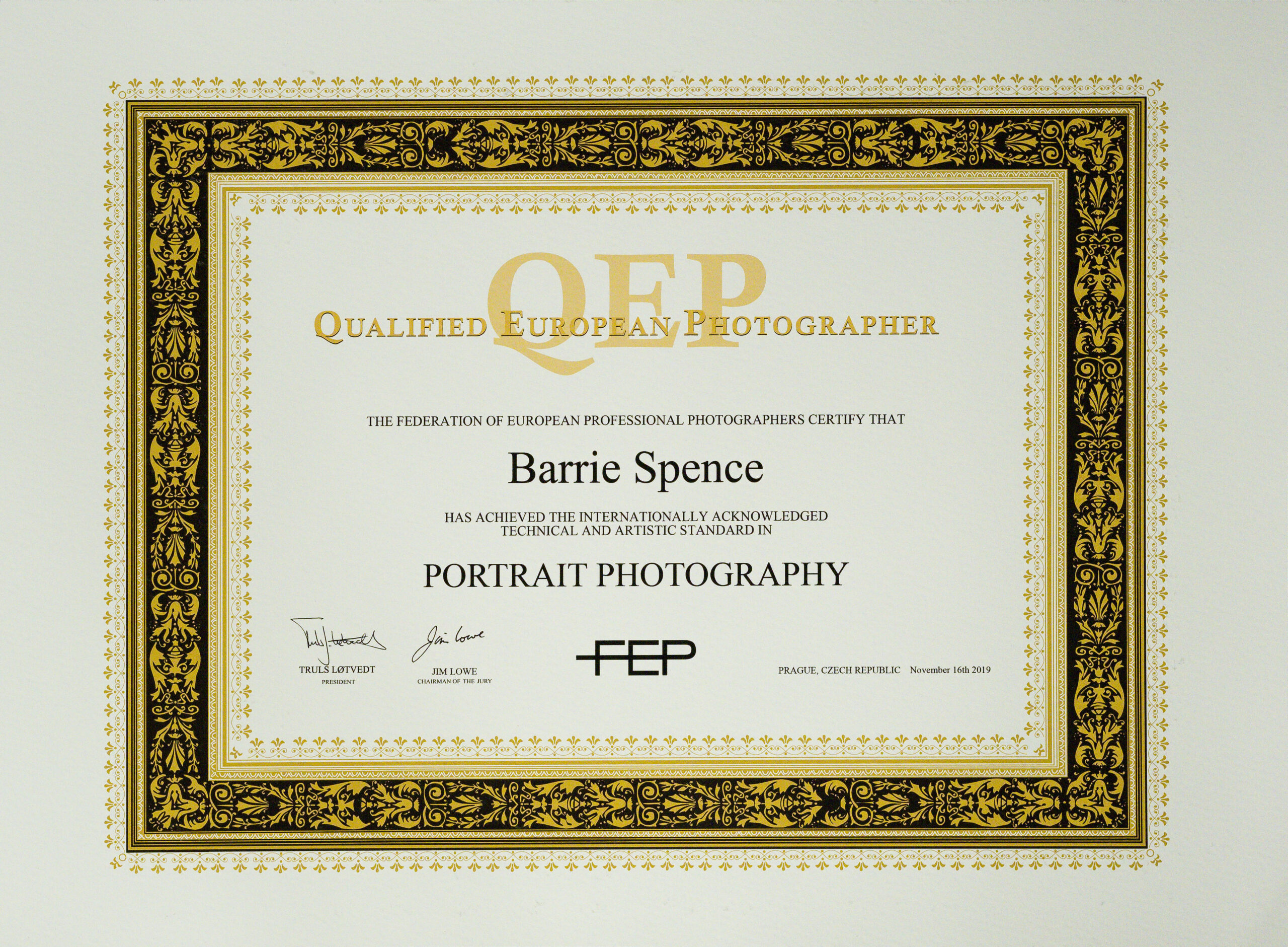 Qualified European Photographer (Portrait) certificate